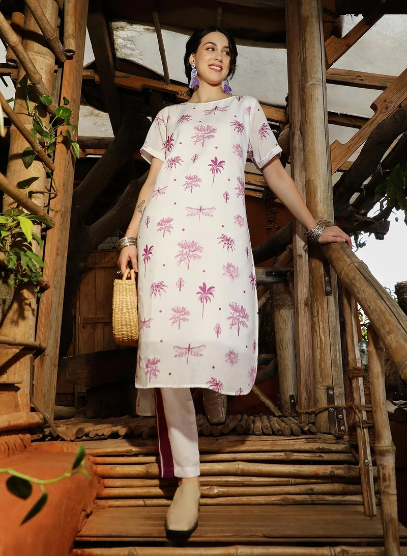 QISSA Women's Plum Purple Dragonfly Palm Kurta With Trousers For Casual Wear | Round Neck | Short Sleeves | 2 Piece Kurta Set Designed With Comfort Fit For Everyday Ethnic Wear